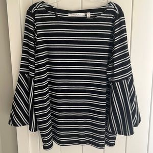 Cyrus. Size Women’s medium. Black striped top. Bell sleeves at bottom